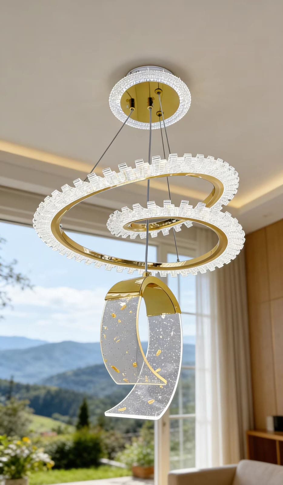 Duoluxe Gold Crystal Double-Ring Chandelier with Curled Drop