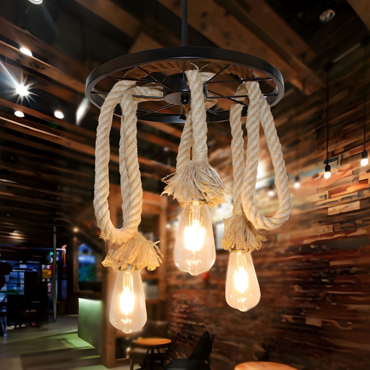 Industrial Hemp Rope Wagon Wheel Chandelier (6-Light)
