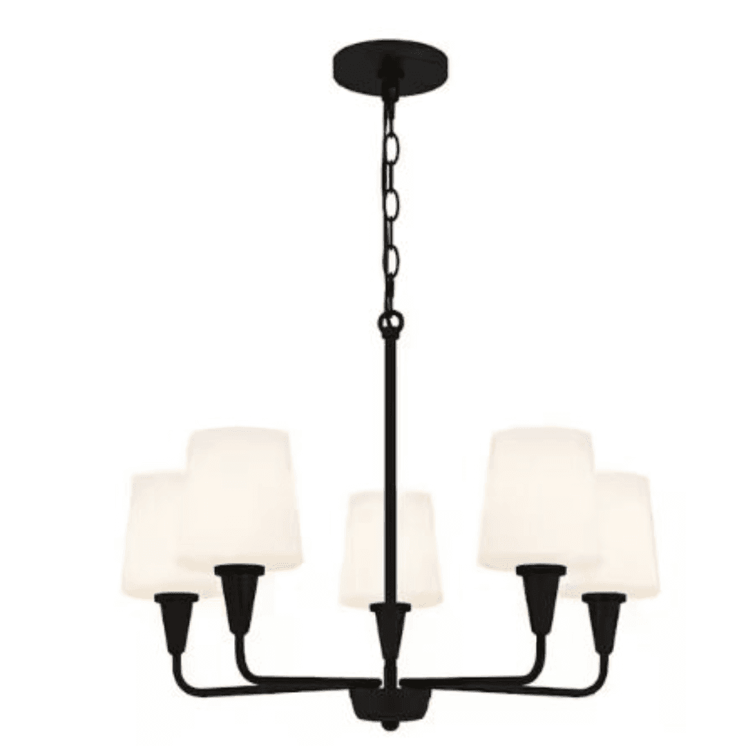 Juniper-Style 5-Light Black & Wood Chandelier with Opal Glass Shades