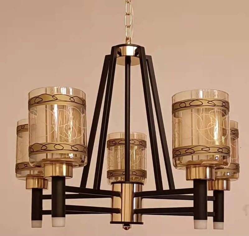 Delmo-Style Scroll Chandelier with Cylinder Glass Shade