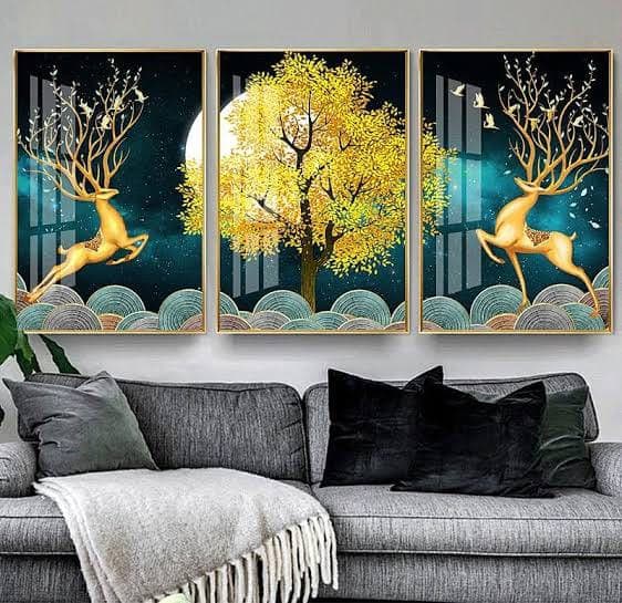 Golden Deer & Moon Tree 3-Piece Canvas Set